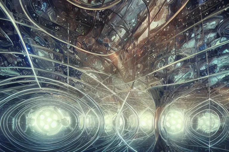 Image similar to cinematic inside a nautilus hall of mirrors, cybernetic circuitry, glowing pulses and reflections, shimmer water surface reflections in silver mirrors, pulses of gnostic energy, the deepest secrets, by jessica rossier and mc escher