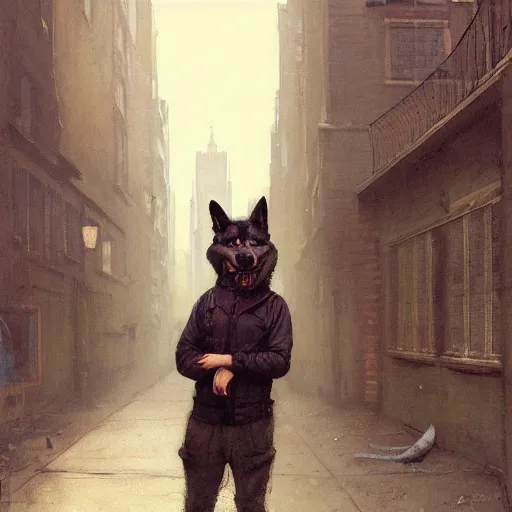 Image similar to new york city portrait of furry anthro anthropomorphic german shepard head animal person fursona wearing clothes cybernetic muzzle sad gloomy in the alley, sunny day, digital art by Nerdrum John, William Waterhouse, Winslow Homer, Alex Heywood, Jordan Grimmer, Darren Quach, Greg Rutkowski, Simon Stalenhag, trending on Artstation, CGSociety