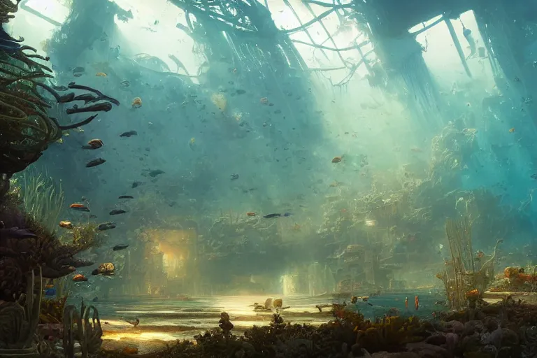 Image similar to a scenic landscaping view of the lost and abandoned city of Atlantic under water, ray of sunlight, mermaids in distance, Greg Rutkowski, Moebius, Mohrbacher, Mucha, blue and gold color scheme, ultra wide angle, ultra detailed, light effect