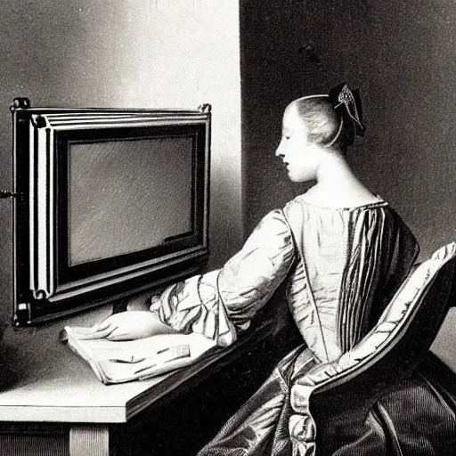 Image similar to 1 7 0 0 s photo of a person watching a flat screen hd tv