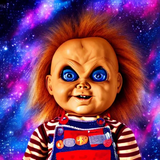 Prompt: Chucky the killer doll flying through the cosmos, psychedelic lighting