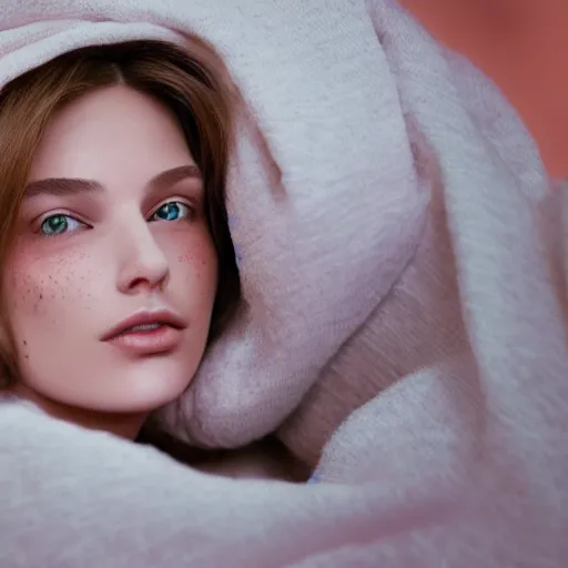 Image similar to portrait of a cute thin young woman, red blush, cute freckles wearing casual clothes, small smile, relaxing on a couch, cozy under a blanket, cozy living room, close up shot, 8 k, art by diego fazio and irakli nadar and ron mueck, hyperrealism, hyperdetailed, ultra realistic