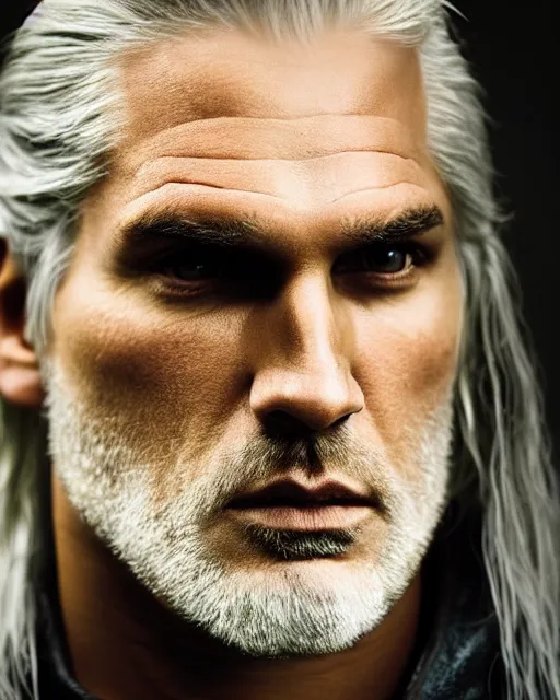 Image similar to portrait of geralt of rivia, 5 5 mm lens, professional photograph, times magazine, serious, stern look, zoomed out