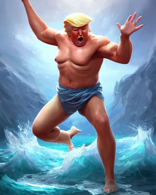 Image similar to character concept art of donald trump as poseidon in a dynamic pose | cute - fine face, pretty face, realistic shaded perfect face, fine details by stanley artgerm lau, wlop, rossdraws, james jean, andrei riabovitchev, marc simonetti, and sakimichan, tranding on artstation