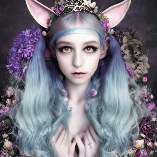 Image similar to Ethereal, mysterious stunning maximalist mesmerizing elven girl with elf ears from the rainbow sky paradise, high-tech, professional high fashion model photo shoot for Victorian gothic lolita fashion, hyperdetailed by Mark Ryden, artgerm, Hiroyuki-Mitsume Takahashi, WLOP, Goto Fujita, 奈良美智, Pixiv 3DCG, DAZ Studio, close-up 35mm macro shot, hyperrealism, 8k resolution 3D, cinematic, dynamic lighting, octane render, unreal engine 5