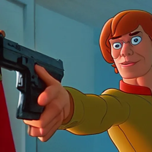 Image similar to scooby doo holding a gun, film still from the movie directed by denis villeneuve with art direction by bill ward, wide lens