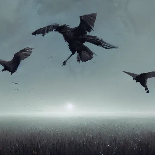 Image similar to A field full of crows, dark sky, art by greg rutkowski, trending on artstation.
