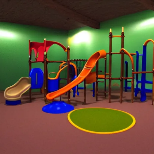 Image similar to a dimly lit indoor children's playground photo taken with a deposable camera limital space