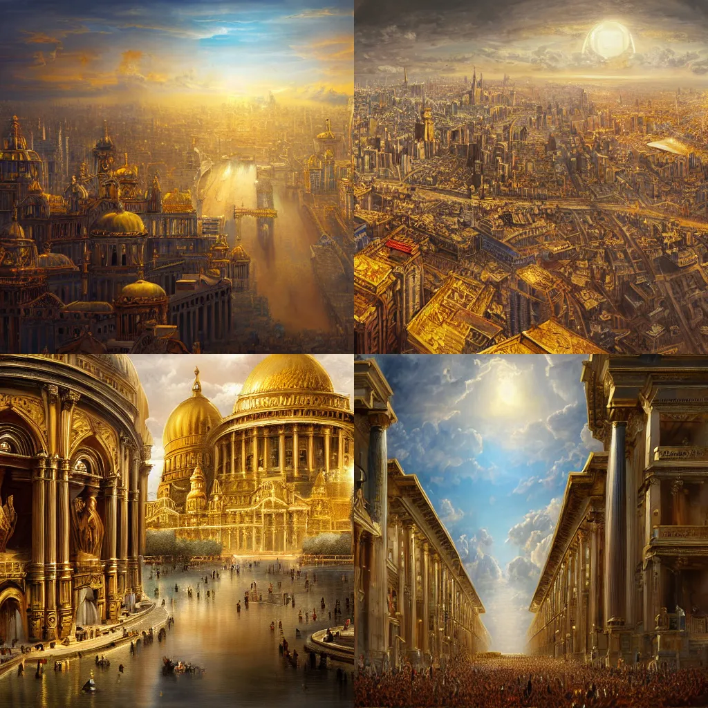 Prompt: illustration of the city of heaven made of gold, realistic painting, classical painting, high definition, digital art, matte painting, very detailed, realistic