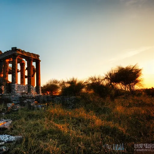 Image similar to a photo of the ruines of a geek temple during sunset on an island, 5 0 mm lens, f 1. 4, sharp focus, ethereal, emotionally evoking, head in focus, volumetric lighting, blur dreamy outdoor,