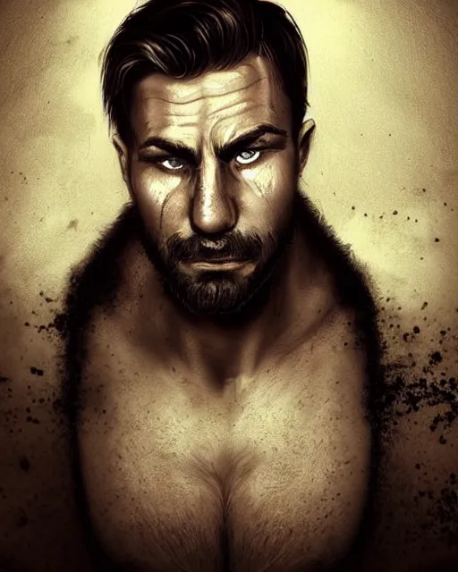 Image similar to portrait of muscular, tired and alcoholic 3 0 - year - old grieving man with short darkblonde hair, serious sad look in his eyes, looking down, dirty beard, blue eyes, crying tears, wearing dirty soldier uniform, on the desert, sad atmosphere, hyper realistic face, character art, art by artgerm, cryengine, trending on artstation, digital art