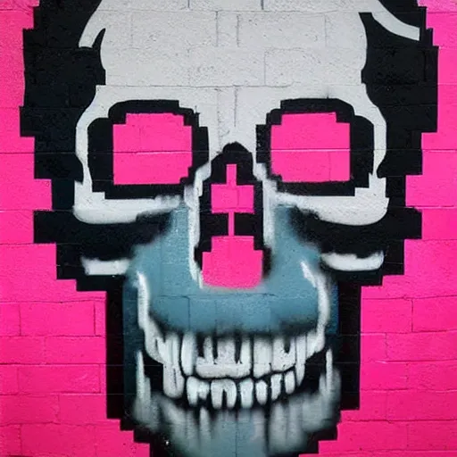 Image similar to a skull spray painted on a wall with dripping pink spray paint, pixel art