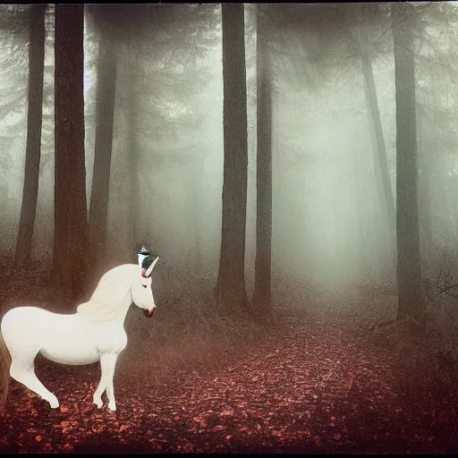 Prompt: wounded young unicorn in a foggy forest, polaroid photography in style of andrey tarkovski, spiritual, mystical, sublime