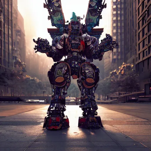 Image similar to a beautiful hyperrealistic ultradetailed 3D render of a samurai guitarist battle mecha standing in the city, by brian sum and stephen martiniere and Antonio Manzanedo. mech, dragon, unreal engine, octane render, PBR, 3D, brilliantly colored, intricate, wide angle, volumetric lighting, polished, path tracing