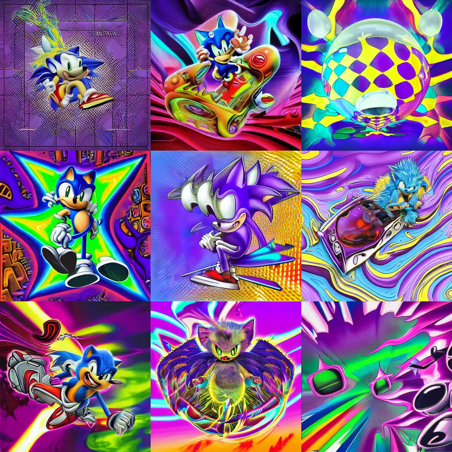 Prompt: surreal, faded, totally radical detailed professional, high quality airbrush art mgmt album cover of a liquid dissolving lsd dmt sonic the hedgehog on a flat purple checkerboard plane, 1 9 9 0 s 1 9 9 2 prerendered graphics raytraced phong shaded album cover