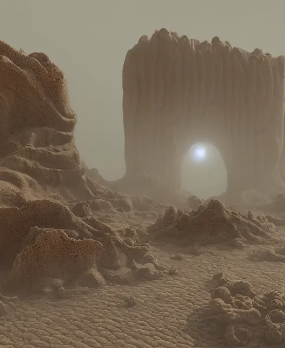 Image similar to bioremediation architecture in the desert, foggy, highly detailed, digital painting, arstation, concept art, hyperealistic octane render, unreal engine,