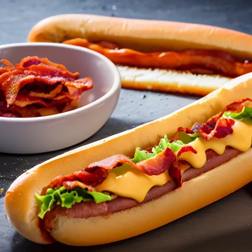 Prompt: professional photo of a hotdog sliced lengthwise with relish, cheese and bacon with a side of skin-on French fries, 4k