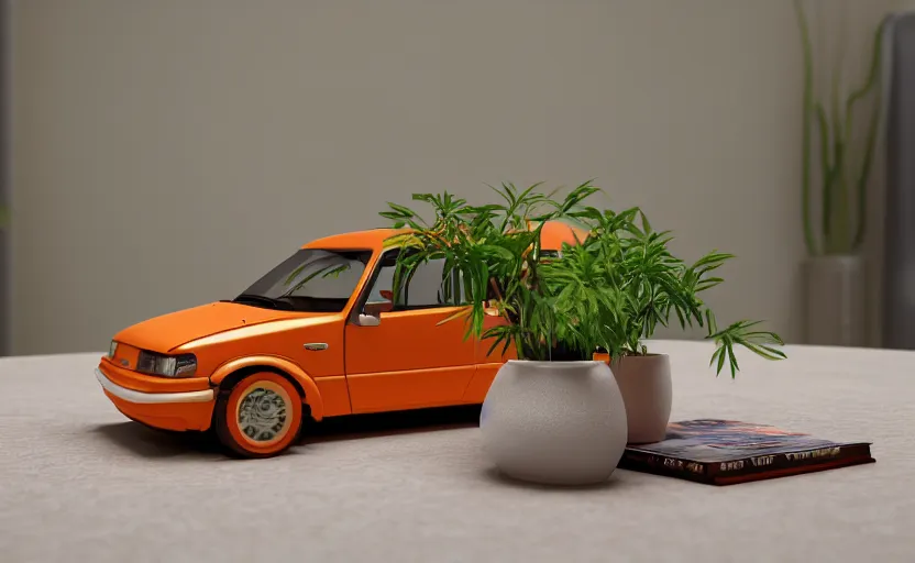 Image similar to a small miniature of a orange Toyota Corolla KE20 on a white table near a book and a vase with a plant, hyperrealistic, concept art, octane render, unreal engine 5, path tracing, complementary colors, calm, relaxing, serene, product photo, centered, symmetrical