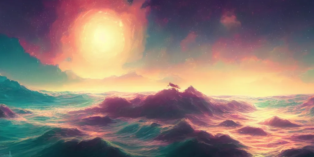 Image similar to a perfect illustration of stars and the sea, colorful and colorful, 4 k, japanese fairy tale fantasy style ， by andreas rocha tends to artstation, super wide angle, light effect