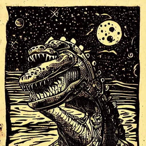 Image similar to Woodcut portrait of a beautiful cute crocodile with robot ears by falling into the stars greg rutkowski, 4k, intricate details