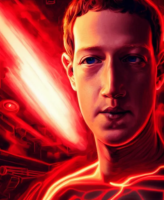 Image similar to Mark Zuckerberg with a glowing red cybernetic eye implant by Steohan Martiniere and Peter Mohrbacher, 4k resolution, detailed