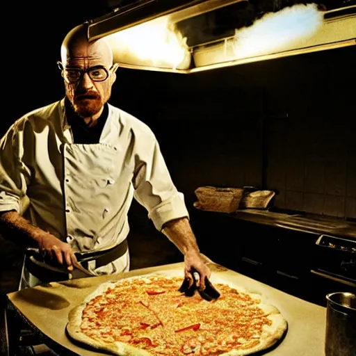 Image similar to Walter White making pizza in the desert, dramatic lighting, blowtorch, still from breaking bad (2010)