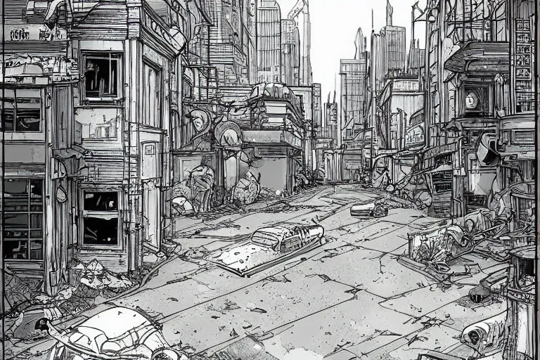 Image similar to A post apocalyptic city street, in the style of Moebius