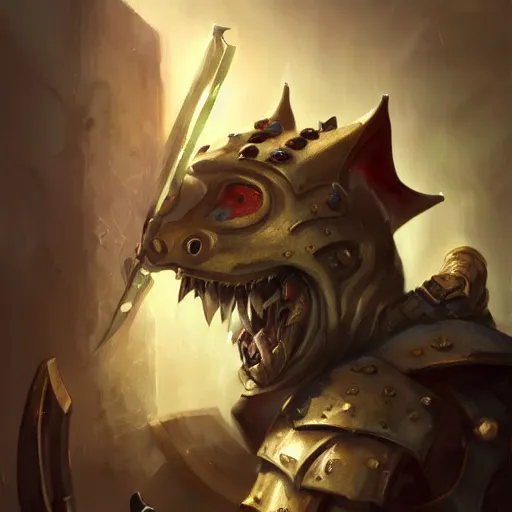 Prompt: portrait of a kobold paladin in fullmetal plate, with deep pain and trauma, tormented look, d & d character portrait, by peter mohrbacher, digital art, trending on artstation, hyper realistic, high detail, chiaroscuro