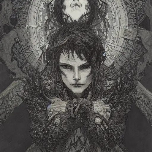 Prompt: gustave dore james gurney artstation hyperrealism photo - realistic demon hyperdetailed intricate beautiful interwoven fibers of death and solace solitude alphonse mucha yoji shinkawa apophasis shintaro kago junji ito esoteric hypnogogic ethereal ethereality dreamscape