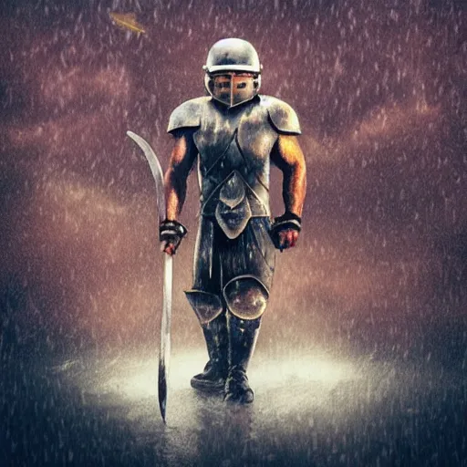 Image similar to helmet wearing warrior, large axe, heavy rain, lightning, in the style of pixar