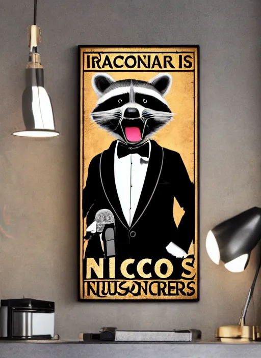 Image similar to A racoon screaming wearing a tuxedo, screaming into an oldschool microphone. Poster