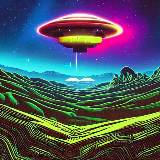 Image similar to gigantic alien mothership above a beautiful synthwave landscape, artwork by dan mumford and craig bruyn