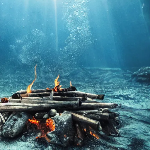 Image similar to photo of a camp fire underwater, highly - detailed, cinematic