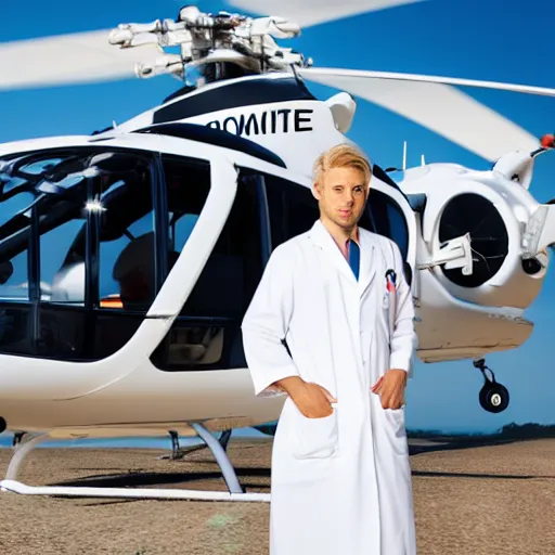 Image similar to blond male doctor in white robe in front of helicopter, epic lighting, drawing