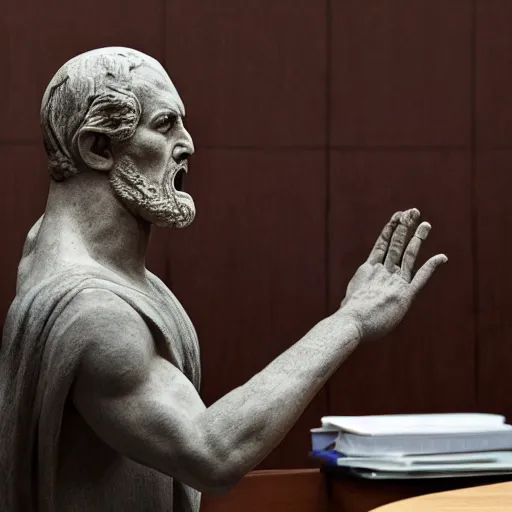 Image similar to Courtroom photograph of a marble statue angry with his attorney