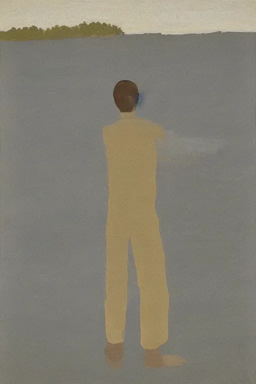 Image similar to man standing by a river, 1960’s minimalist advertising illustration, painterly, expressive brush strokes