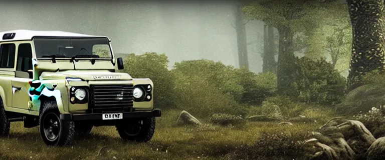 Image similar to Land Rover Defender 110 (1985), The Elder Scrolls V: Skyrim, Riften, The Rift, an epic fantasy, autumn, living flora, spriggans, humanoid flora, green floral energy going through spriggans, wooden forest spirits, dramatic lighting, cinematic, establishing shot, extremely high detail, photorealistic, cinematic lighting, artstation, by simon stalenhag