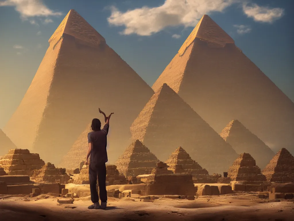 Image similar to photography of an egyptian god standing in front of the giza pyramid, fantasy ,volumetric lighting, intricate, elegant, hyperdetailed matte painting, highly detailed, digital painting, artstation, smooth, sharp focus, illustration, art by Makoto Shinkai and artgerm, hyperrealism, hyperrealistic, cinematic masterpiece, fantasy style 8k ultrahd octane render