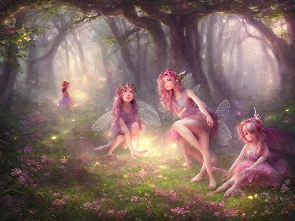 Image similar to two cute fairy in the dreamy forest, fantasy, dreamlike, 8 k resolution, hyper detailed, d & d, character design, digital painting, trending on artstation, sharp focus, illustration, art by artgerm, viktoria gavrilenko, hoang lap, fuji choko, steve zheng