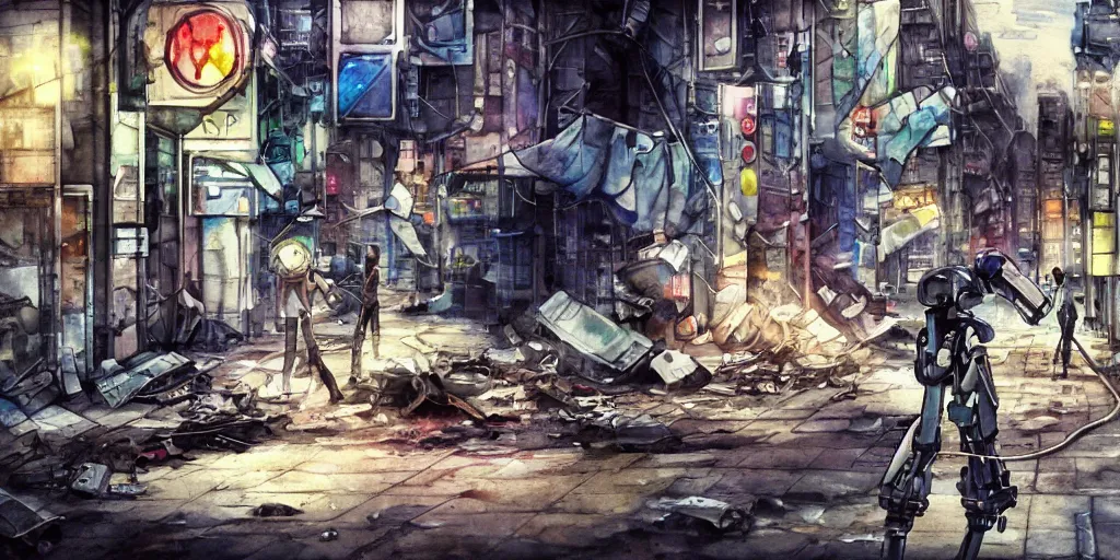 Image similar to watercolour painting of a broken robot repairing its own arm in a post apocalyptic city street, anime, pencil lines, light watercolour, pale sky, dirty streets, beautiful artwork, anime screenshot, akihabara, remaster