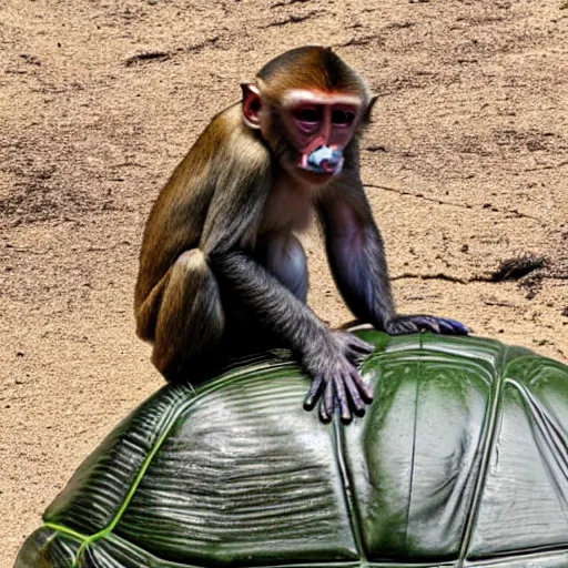 Image similar to a monkey sitting on the back of a turtle