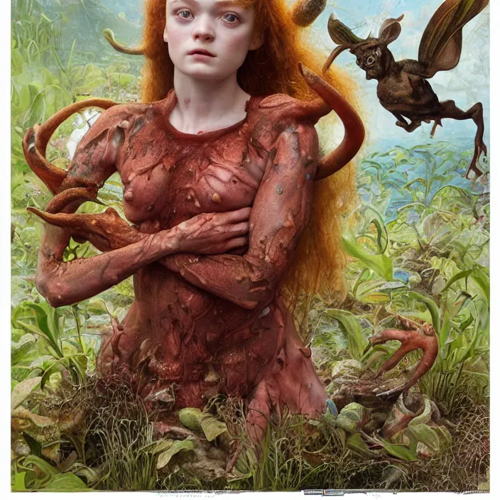 Prompt: a portrait photograph of sadie sink as a brightly colored satyr amphibian hybrid with wet mutated skin. wearing a catsuit many body modifications. by tom bagshaw, donato giancola, hans holbein, walton ford, gaston bussiere, brian froud, peter mohrbacher and magali villeneuve. 8 k, cgsociety