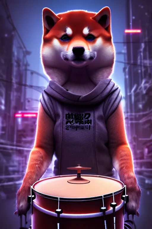 Image similar to high quality 3 d render very cute cyborg shiba inu plays drums, cyberpunk highly detailed, unreal engine cinematic smooth, in the style of blade runner & pixar, hannah yata charlie immer, moody light, low angle, uhd 8 k, sharp focus