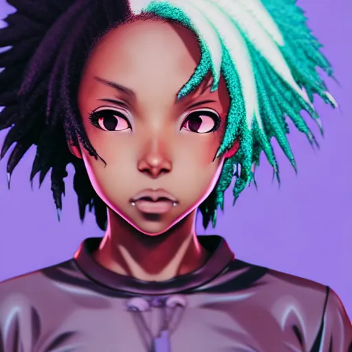 Image similar to portrait of black anime manga girl, throwing punch pose towards camera, french bob hair, white hair, wearing camo, by gustave dore, vaporwave colors, lofi colors, vaporwave, lofi, goth vibe, 4 k, smooth, hd, substance designer render, full body character concept art, 2 point lighting,