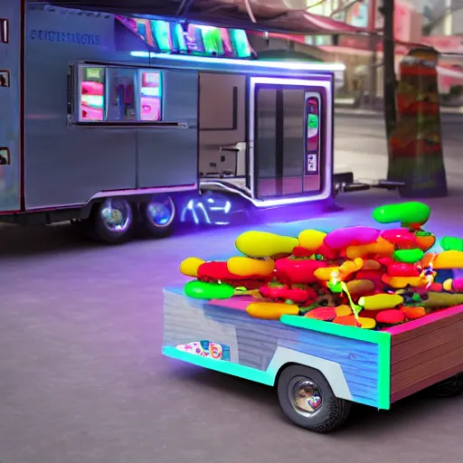 Image similar to medium shot of a a small edible gummi worm candy with cybernetics for sale from a food truck. the candy is displayed with dramatic product lighting, pearlescent. in the background a dim alley is illuminated by the food truck. unreal engine 5, octane 3 d, render.