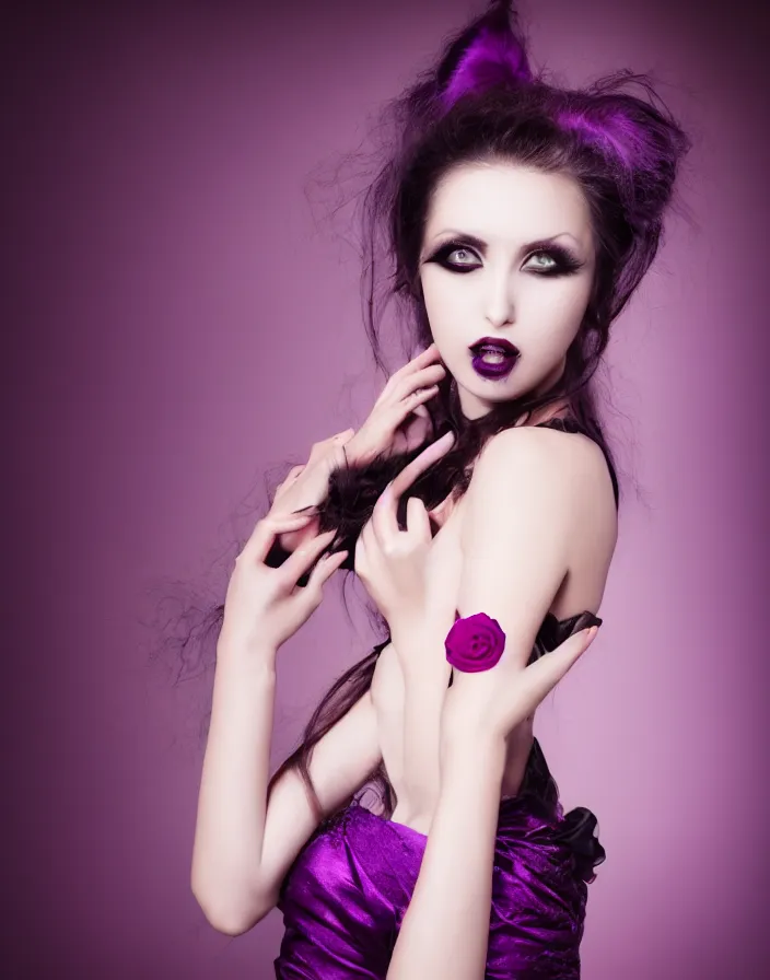 Prompt: Beautiful, professional model, vampire, Shalltear Bloodfallen, Studio Photography, Editorial photography, Studio Lighting, purple dress