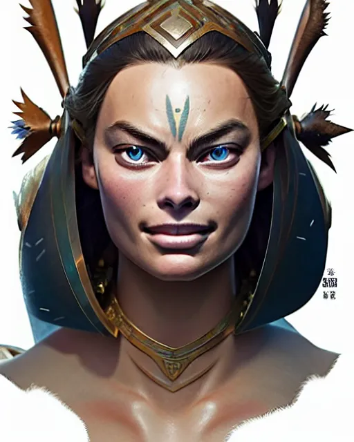 Image similar to azctec warrior, margot robbie, detailed perfect face, exquisite details, fire magic, mid view, design on a white background, by studio muti, greg rutkowski makoto shinkai takashi takeuchi studio ghibli