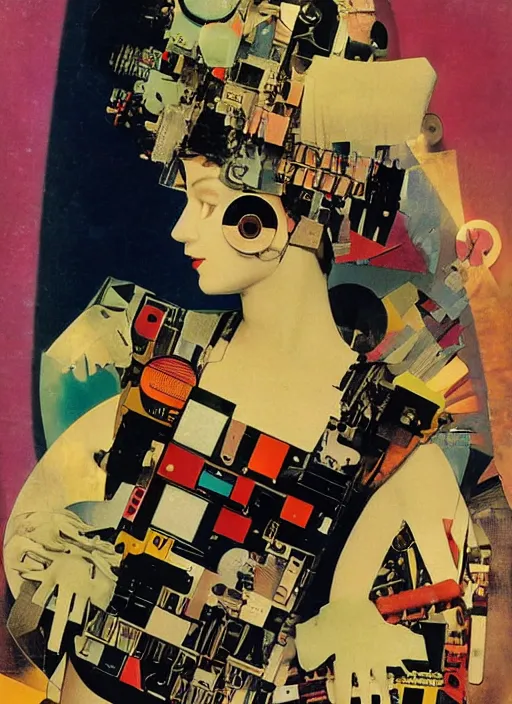 Image similar to cute punk goth fashion fractal mecha blonde girl wearing a television tube helmet and kimono made of circuits and leds, surreal Dada collage by Mimmo Rotella Man Ray Kurt Schwitters Hannah Höch Alphonse Mucha Beeple