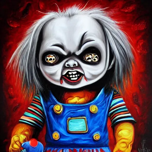 Prompt: dark fantasy painting of chucky by jeremiah ketner | horror themed | creepy