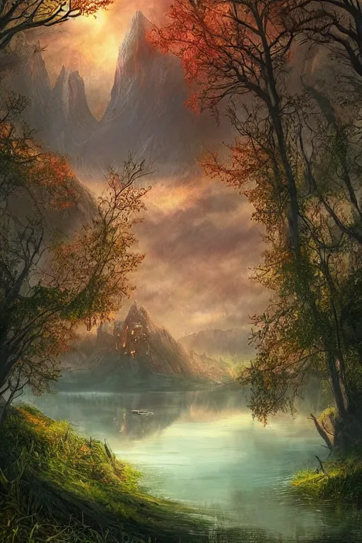 Image similar to beautiful matte painting by lovecraftian style, fantasy path mountains and meadow in the background near a lake reflecting the trees, atmospheric lighting, painted, intricate, volumetric lighting, beautiful, rich deep colors masterpiece, sharp focus, ultra detailed by